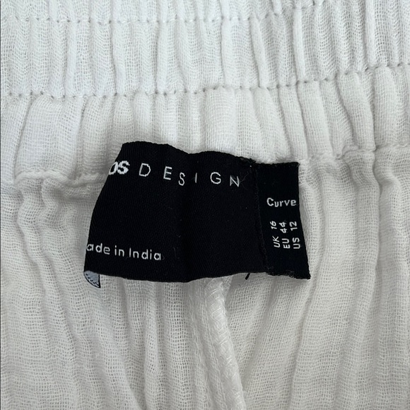 ASOS Curve NWOT White Cotton Crinkle Wide Leg Pants Elastic Waist, Size 12 - Picture 8 of 10